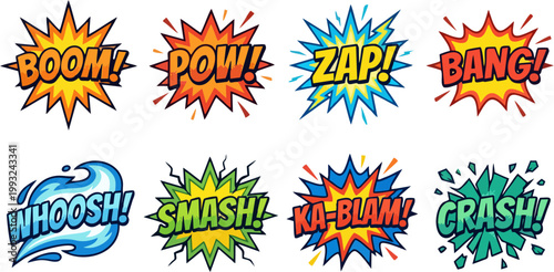 Comic Book Sound Effect Set — Boom Pow Zap Bang Whoosh Smash Ka-Blam Crash Explosion Burst Sticker Collection in Pop Art Style