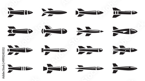 Collection of various black missile and bomb icons on checkered background.