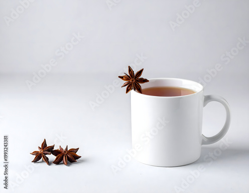 Steaming star anise tea in white cup on gray background, cozy winter spice beverage, soft studio lighting, copy space, 3D render style, AI generated digital art