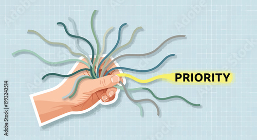 Prioritization concept, choosing priority, hand selecting important task, colorful wires, decision making