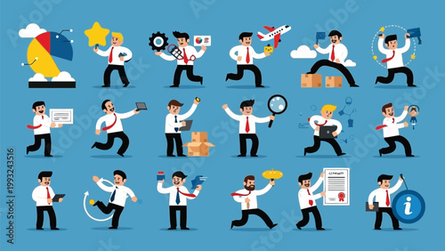 Animated illustrations of a businessman celebrating various professional achievements Vector