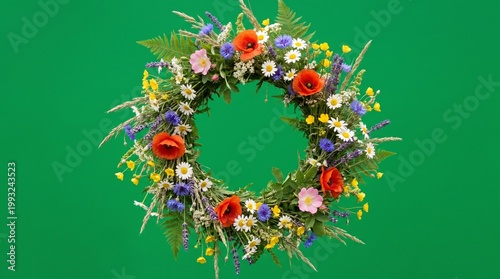 green screen A vibrant floral wreath on a solid green background for decoration