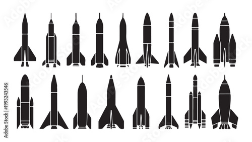 Experimental rocket silhouettes illustrating heavy lift launch vehicles and deep space orbital ships.
