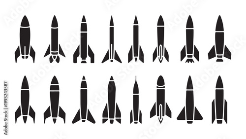 Uniform rocket silhouettes depicting modern vertical takeoff and landing vehicle designs for astronomy.