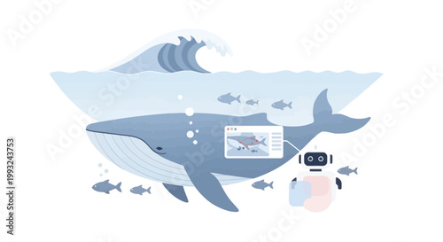 Underwater Exploration Scene with Whale, Fish, and Marine Drone