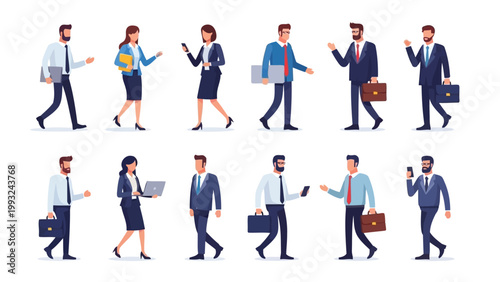 Professional individuals walking with various items in a business setting Vector