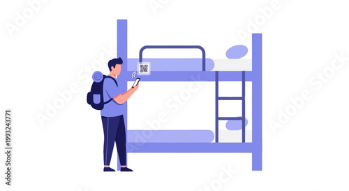 Young man using smartphone near bunk bed in modern bedroom