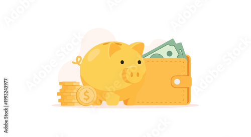 Cute Piggy Bank with Dollar Bills and Coins for Financial Savings