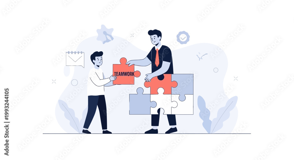 Fototapeta premium Teamwork concept: two men assembling jigsaw puzzle with 'Teamwork' word