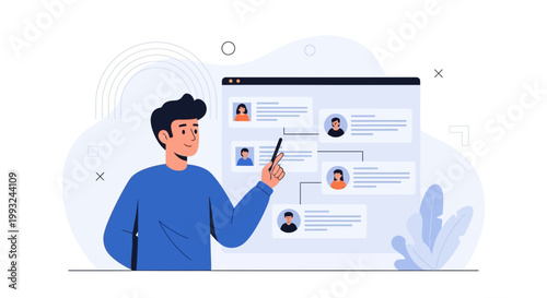 Man pointing at organizational chart on screen, business hierarchy, team structure, presentation