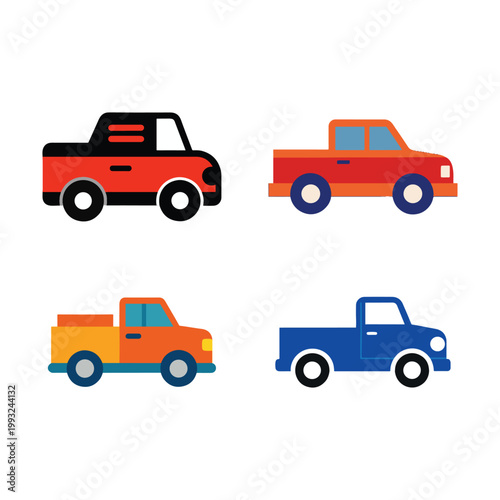 Four pickup trucks in different colors and designs  red black orange blue vehicles