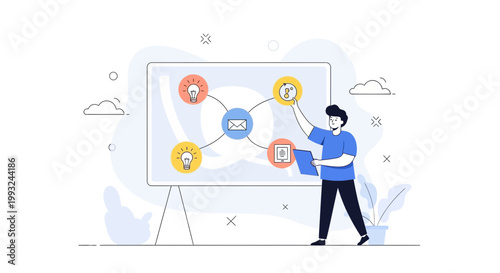 Man presenting a business strategy flowchart on a whiteboard with icons
