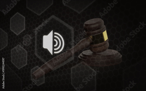 3D render of a wooden judge gavel with a volume sound icon overlay against a dark abstract hexagonal background representing legal audio evidence and courtroom procedures
