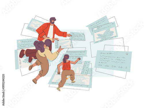 Adults make a staircase using posts and messages in social media, parents select social media posts to help a child to grow up