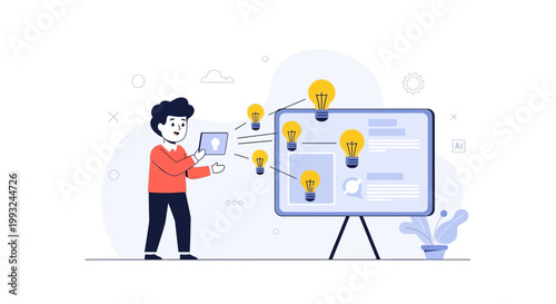 Man presenting ideas with lightbulbs on a digital board, concept of innovation and creativity