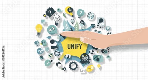 Business concept, unification icons, hand holding unify symbol, vector graphics, teamwork collaboration