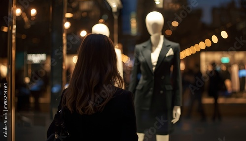 There is a woman standing in front of a store window looking at a mannequin