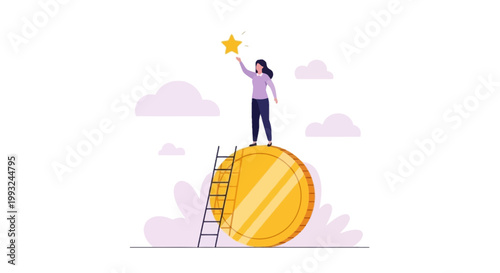 Person Reaching for Star While Standing on Large Gold Coin