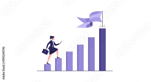 Businesswoman Climbing Bar Chart to Achieve Success and Growth