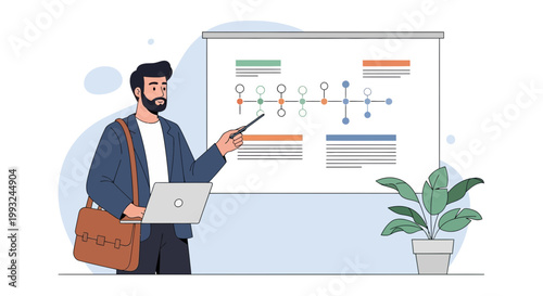 Man presenting timeline chart on whiteboard with laptop and plant