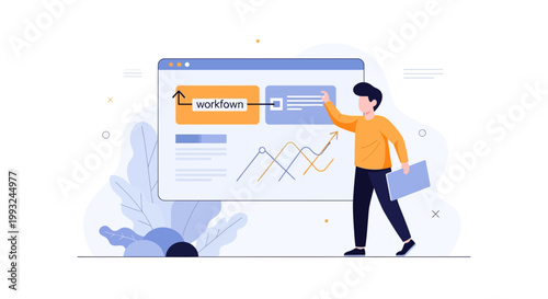 Man presenting workflow on a digital dashboard with charts and graphs