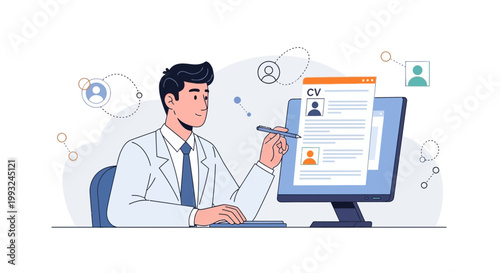 Man reviewing CV on computer screen, recruitment and hiring concept