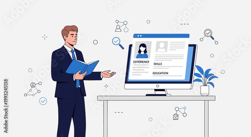 Man reviewing resume on computer screen, career development, job search, recruitment