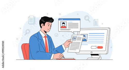 Man reviewing CV on computer, recruitment and hiring concept, flat illustration