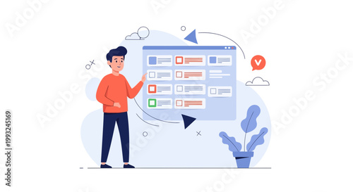 Man reviews checklist on digital board, project management concept