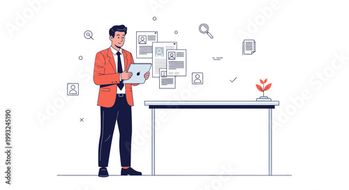 Man reviewing resumes on tablet, recruitment process, hiring, HR, job search, business concept