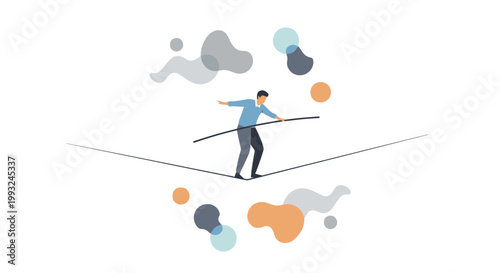 Person Crossing Tightrope with Balance Pole on a Cabled Line