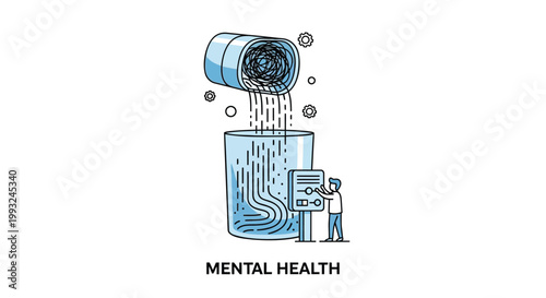 Mental health, wellness, and stress concept, vector illustration, blue tones, man overwhelmed by thoughts