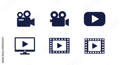 Simple dark blue vector graphic icon set displaying various media symbols for digital video production elements