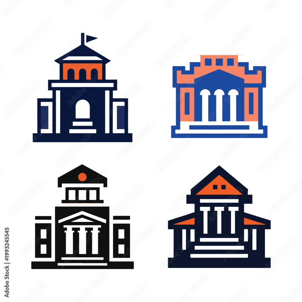Fototapeta premium Set of four building icons in different colors and styles with columns and roof architectural symbols