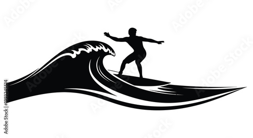 A surfer rides a powerful wave dynamically captured in black and white silhouette