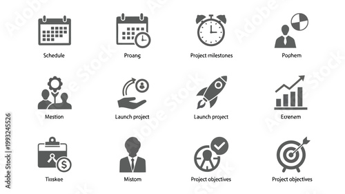 Icons representing various project management components and phases Vector