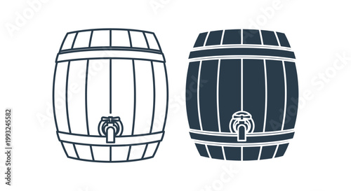 Simple outline and solid vector graphic illustrations of wooden barrels featuring a classic metal tap