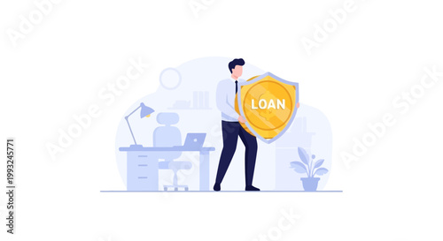 Businessman Holding Shield with Loan Text in Modern Office Setting
