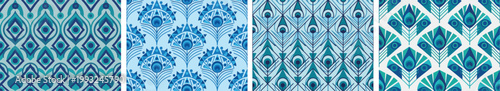 Peacock feather set seamless blue geometric pattern vector minimalist. Ideal for backgrounds, textiles, wallpapers, and modern decorative applications.