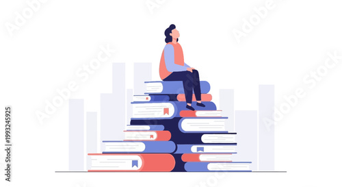 Young woman sitting on a large stack of books for study or learning