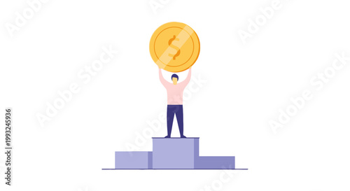 Person Holding Large Gold Coin on Podium in Victory Pose