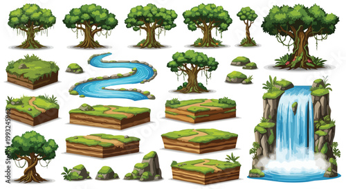 Set of 25 Isometric Game Environment Vector Assets with Trees, Grass, River, and Waterfall