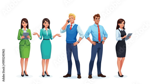 Five professionals in business attire engaged in various office activities Vector
