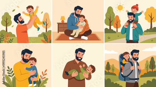 A collection of illustrations depicting fathers and their children in various heartwarming moments.