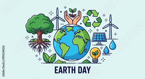 Global Earth Day celebration illustration promoting environmental protection, sustainable energy, and nature conservation for a healthier planet