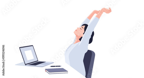 Smiling Woman Relaxing at Desk with Stretching Gesture in Office Environment