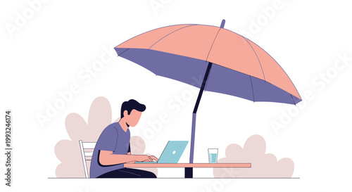 Young Man Working on Laptop Under Large Beach Umbrella Outside