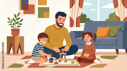 Father and two children playing with wooden blocks on a rug.
