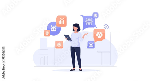 Businesswoman Using Smartphone with Floating Data Icons