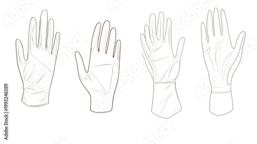 A set of four glove illustrations, various angles and styles, featuring detailed outlines